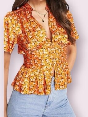 Topshop Unique Aster Top Peplum Floral Flutter Sleeve Plunge Neck Orange Size 4